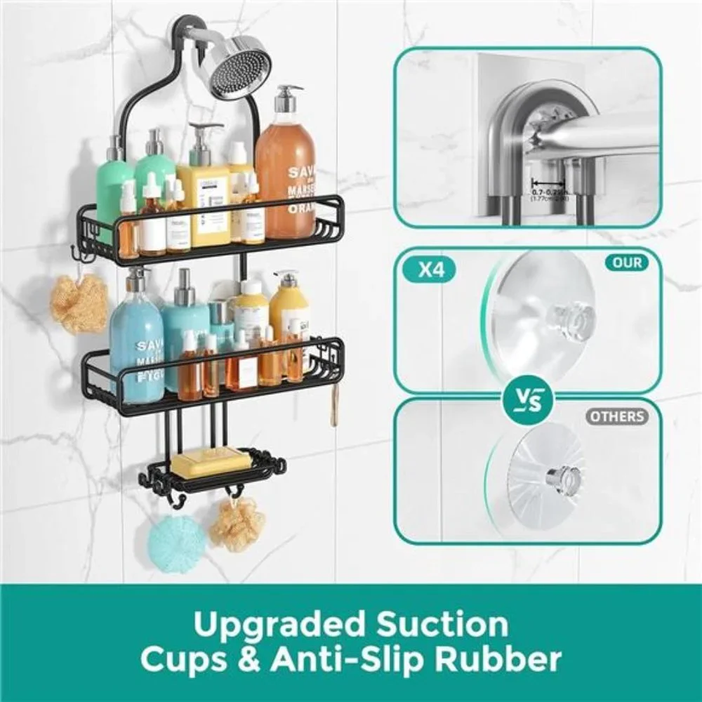 Adjustable Large Shower Organizer - Rust Proof Bathroom Shelf w/ 3-Tier Baskets